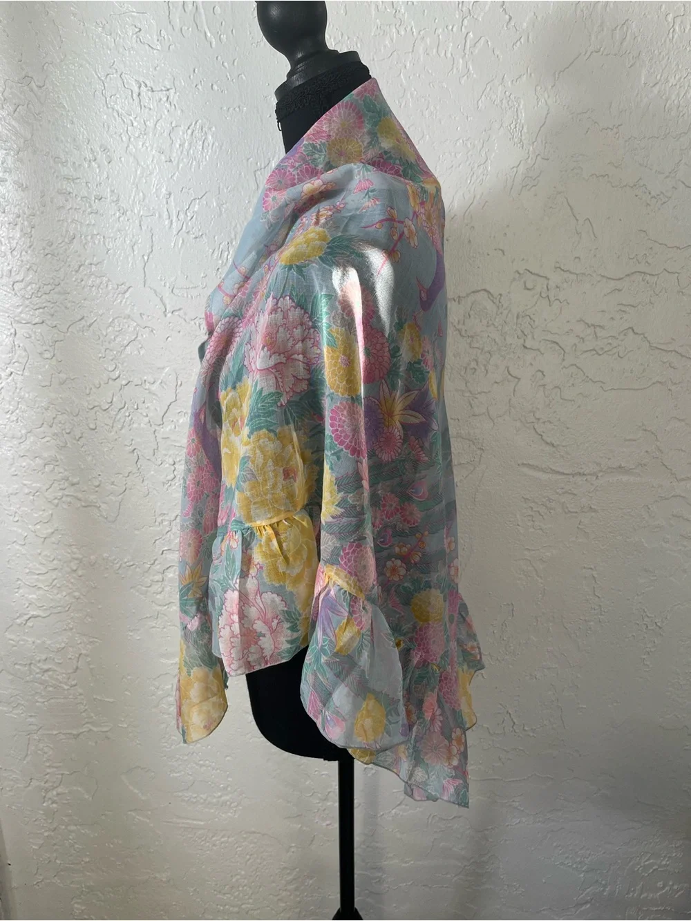 Vintage Sheer Floral Peacock‎ Kimono Duster Cover Up Boho